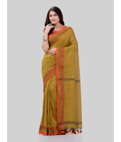 DESH BIDESH Women`s Traditional Bengali Tant Handloom Cotton Saree Royel Loveria Design With Blouse Piece (Olive)